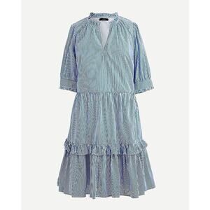 J CREW Ruffleneck tiered popover dress Womens XS Tall Blue White Pockets Cottage
